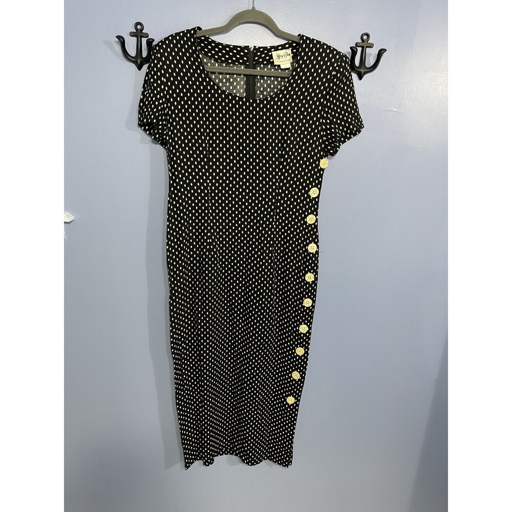 Vintage Jeffrey & Dara by Linda Hutley Long Dress Black w/Tan Polka-Dot Size 7/8